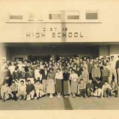 Photograph of group of students in front of Springfield High School, unknown date
