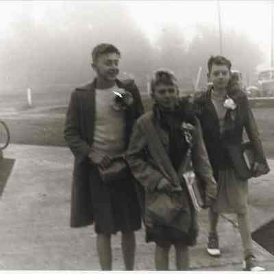 Photograph of three boys dressed as girls as part of Springfield High School Initiation of the Class of 1953, Springfield, Oregon, circa 1948-1953