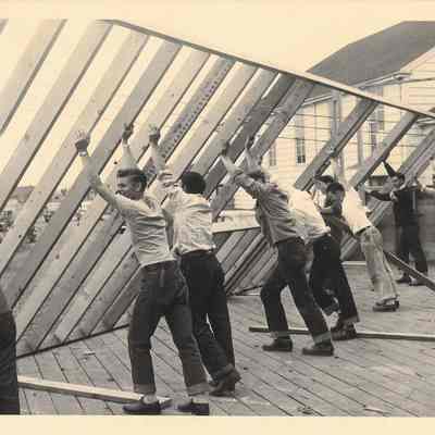 Students erecting wall of school building, Springfield Union High School, undated