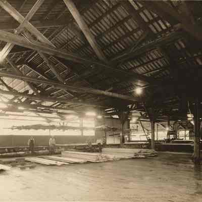 Photograph of the interior of the planer sorting shed at Fischer Lumber Company, Marcola, Oregon, 1948