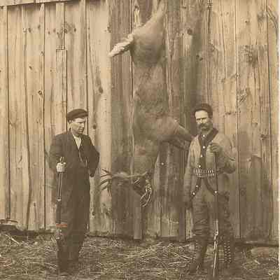 Postcard of deer hanging between two men, date unknown
