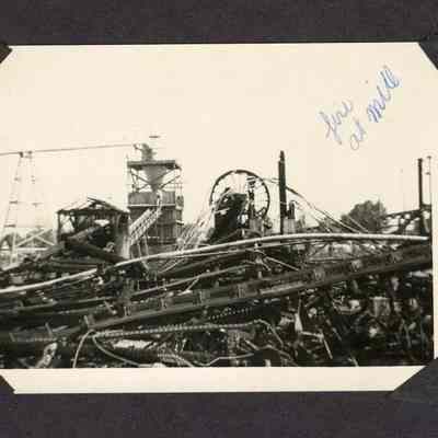 Photograph of Mill equipment twisted and tangled after Clear Fir Mill Fire, Springfield, Oregon, circa 1949