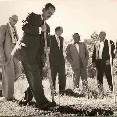 Photograph of Governor Holmes, Judge [?], and Robert Straub breaking ground for juvenile home, circa 1958