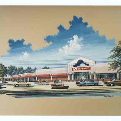 Photograph of an architectural rendering of Safeway and Pioneer Plaza by Craig Pence, 1987