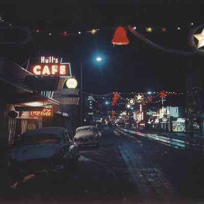 Photograph of Main Street at Christmastime, with snow, 1955