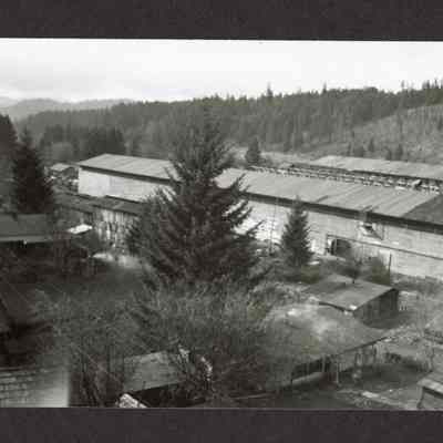Photograph of Booth-Kelly planer mill and shed from top of fire control water tower, Wendling, Oregon, circa 1940s