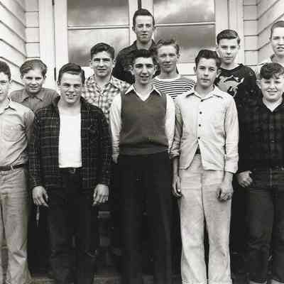 Springfield High School students, in front of school building, 1940's.
