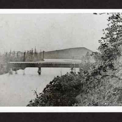 Landscape Photograph of Covered Wagon Bridge Over Willamette River, 1880s