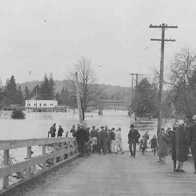 Photograph on postcard of people watching a flood, Springfield, circa 1928