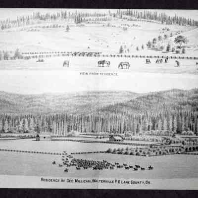Photograph of drawing of residence of GEO. Millican, Walterville, Oregon