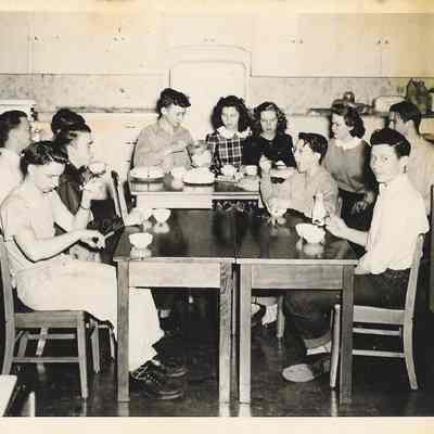 Photograph of students at tables in the Springfield High School HomeEc Room, Springfield, Oregon, circa 1940s
