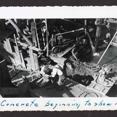 Photograph of the construction of the new dam at Booth-Kelly Lumber Mill