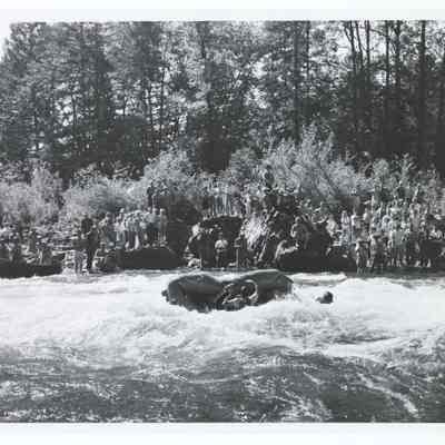 Photograph of boats and spectators at the McKenzie River White Water Parade, circa 1969