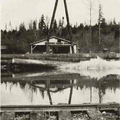 Photograph of Wendling mill pond with a crane in the background, Wendling, Oregon