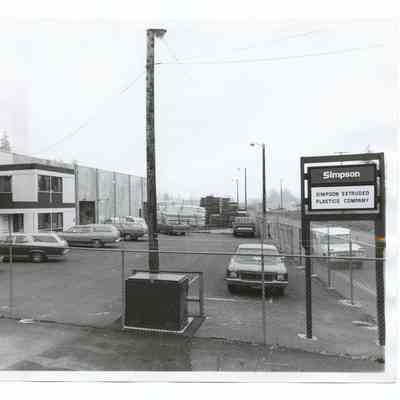 Photograph of "Simpson Extruded Plastics Company" building, and site, Springfield, circa 1970