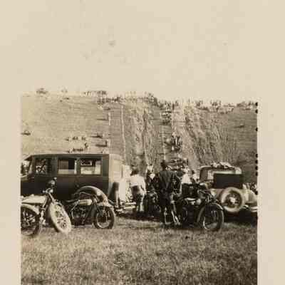 Photograph of a motorcycle hill climb, 1930