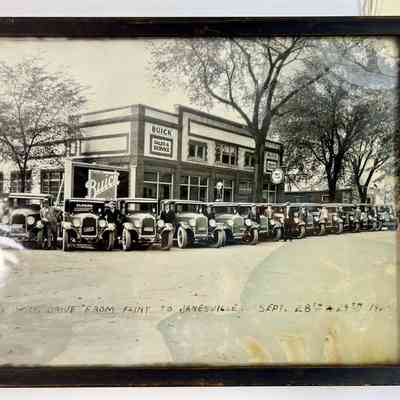 Photograph, framed, of Buick dealership in Jamesville, Michigan, 1925