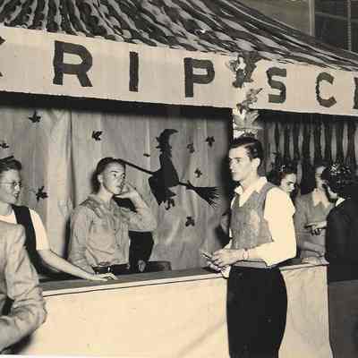 Photograph of students around the Scrip booth at the Springfield High School Fall Carnival, Springfield, Oregon, circa 1940s