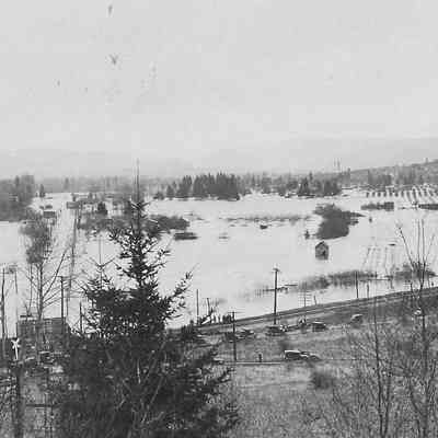 Photograph on postcard of flood into Glenwood, Oregon, date unknown