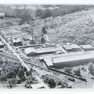 Aerial photograph of Fischer Lumber Co., Marcola, Oregon