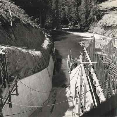 Photograph taken from the top of Cougar Dam during construction, 1956