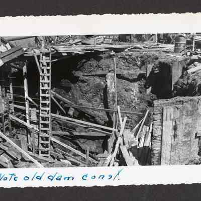 Photograph of the construction of the old dam at Booth-Kelly Lumber Mill