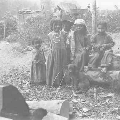Photograph of Indigenous American children in hop yard with a puppy
