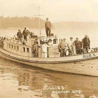 Postcard of a fishing boat "Ollie S." and passengers, Newport, Oregon, 1911/1912