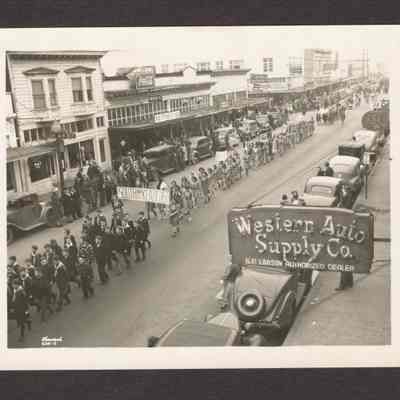 Photograph of a safety parade, March 1, 1947. Looking toward 5th & Main St. Springfield, Oregon.