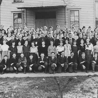 Photograph of student body in front of first Springfield High School, Springfield, Oregon, 1921
