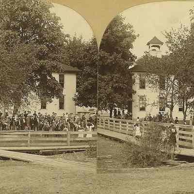 Photograph of stereoscopic card of school grounds, Springfield, Oregon, date unknown.