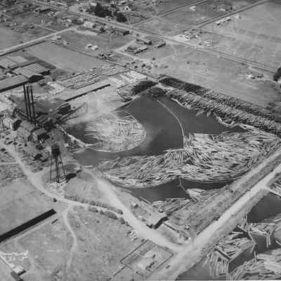Photograph of aerial view of a large log pond