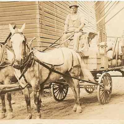 Photograph postcard of a man on a horse-drawn wagon with sacks of grains in it
