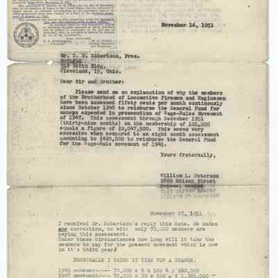 Letter from William L. Peterson to D.B. Robertson, president of the Brotherhood of Locomotive Firemen and Enginemen, 1951