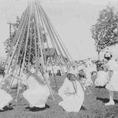 Photograph of girls around maypole, May Day at Lincoln School #9. 1921.