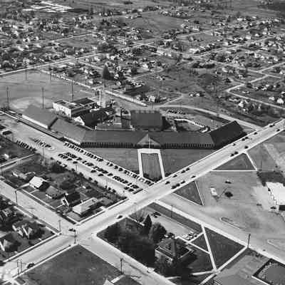 Photograph of aerial view of Springfield High School and completed track, Springfield, Oregon, date unknown.
