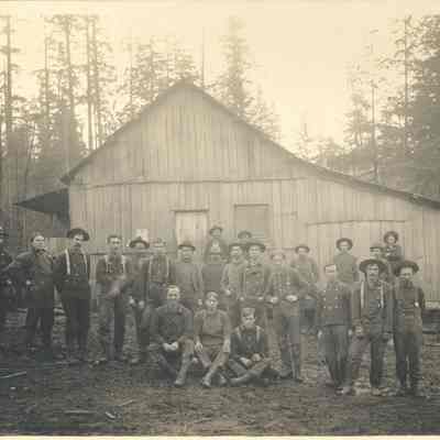 Photograph of group of logging men at Alec Lewis Camp, Little Fall Creek, Fall Creek, Oregon,1903-1904