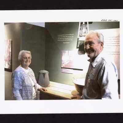 Photograph of Bunny and Eldon Olin at Springfield Museum's "Working in the Woods" Exhibit, Springfield, Oregon, 2000