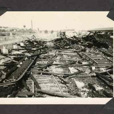 Photograph of burn wreckage of tracks at Clear Fir Mill, Springfield, Oregon, circa 1949