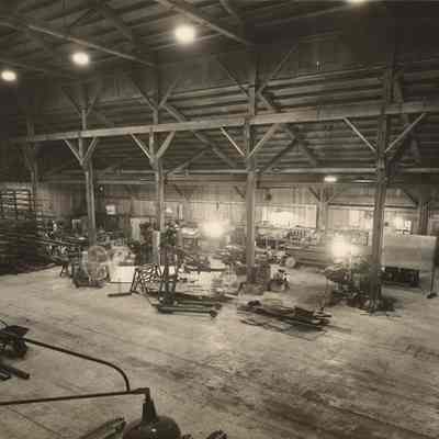Photograph of an overview of the mill interior at the Fischer Lumber Company, Marcola, Oregon, circa 1948
