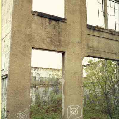 Photograph of the cement shell of the Wayne's Market and IOOF hall, Marcola, Oregon