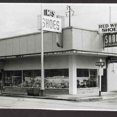 Photograph of shoe store, M & S Shoes and Red Wing Shoes McElhany's