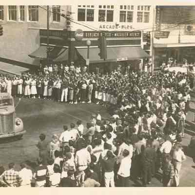 Student gathering on Main Street in Springfield.