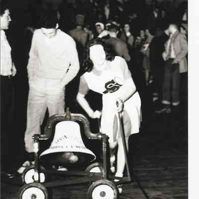 Students with Victory Bell, Union High School, Springfield, 1940s