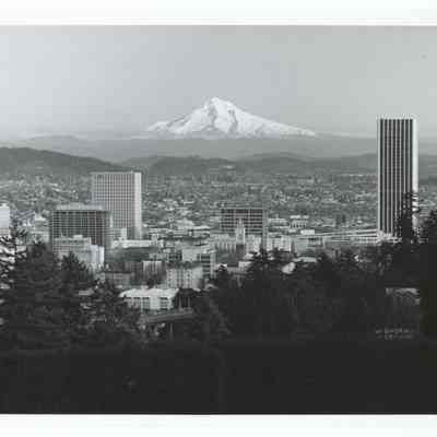 Photograph of Portland and Mount Hood in the distance, circa 1970