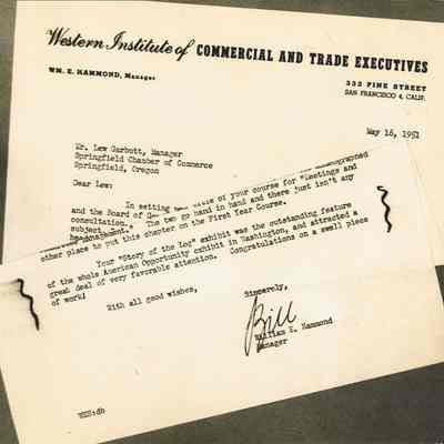 Photograph of a letter of Congratulations front Western Institute of Commercial and Trade Executives, circa 1951