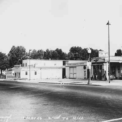 Photograph of businesses on Main between 2nd and Mill, Springfield, Oregon, 1946