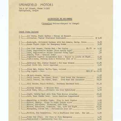 List of Recommended Accessories and Price List, Springfield Motors, circa 1960