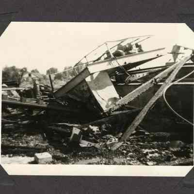 Photograph of damaged mill machinery after Clear Fir Mill Fire, Springfield, Oregon, circa 1949