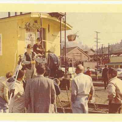Photograph of Slim Pickens filming "The Chartroose Caboose", Springfield, Oregon, circa 1960